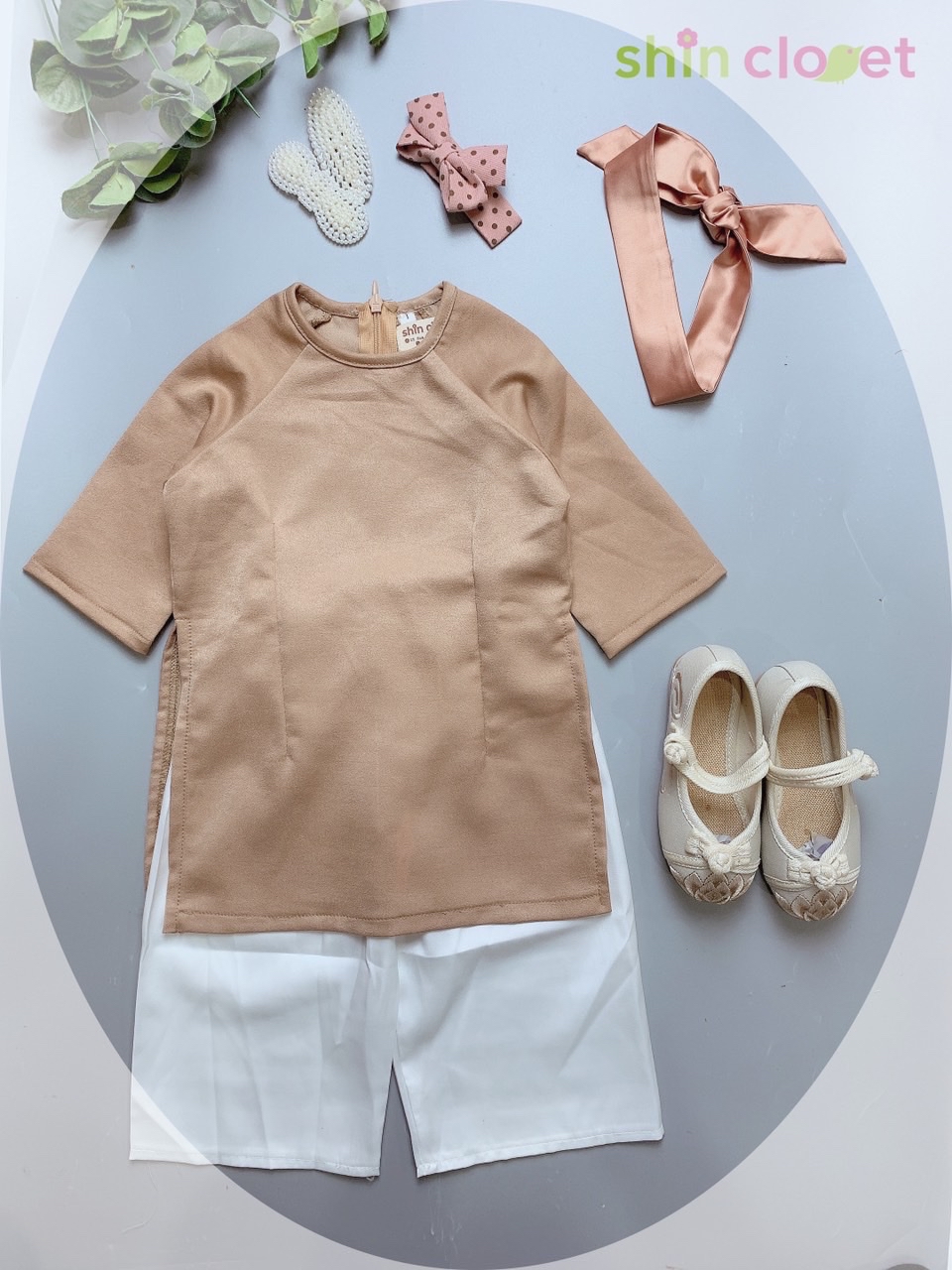 [1-5y] Áo dài Shin Closet bé gái - lụa trơn nâu