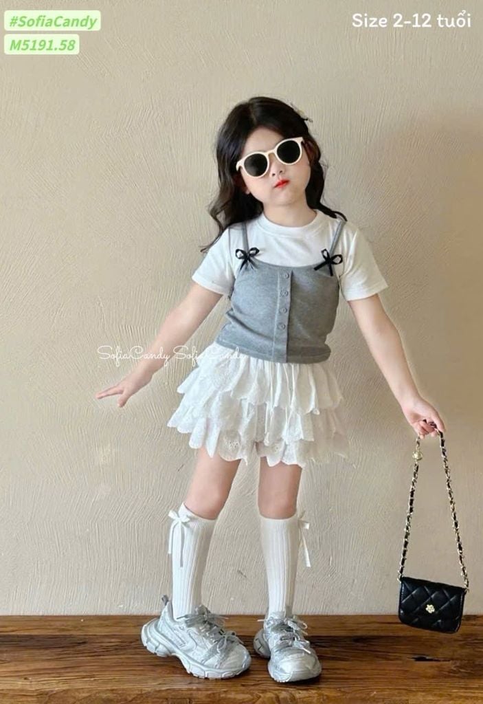 M5191 - Set váy Mia Kids áo cotton trắng phối ghi đính nơ + chân váy trắng size 2-12y