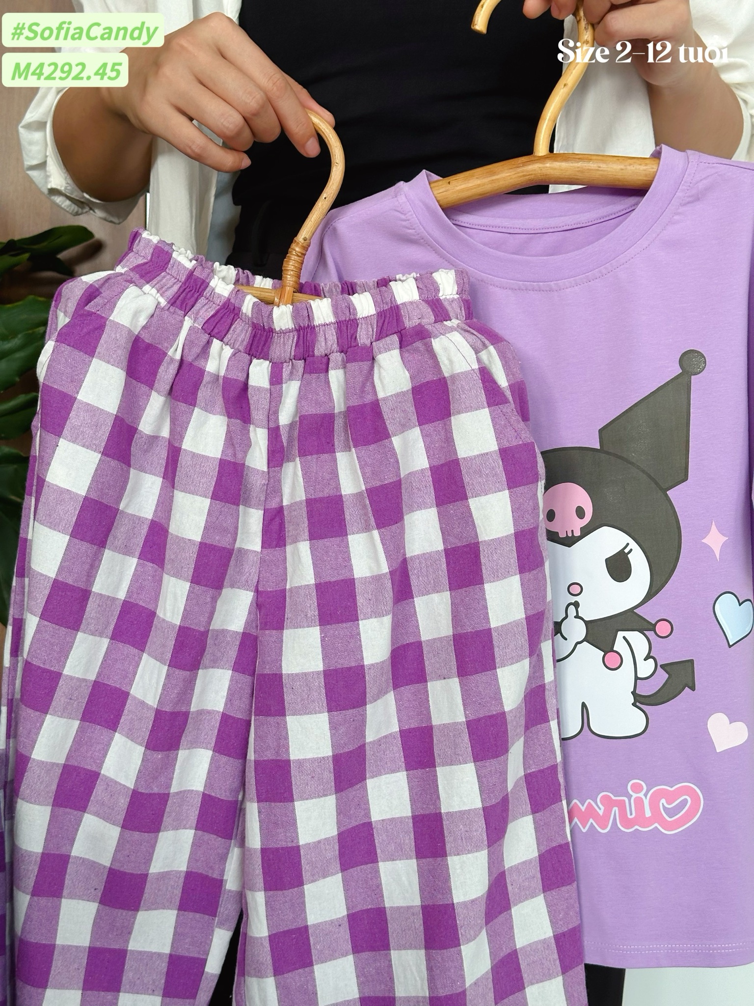 M4292 - Set bộ Kuromi Mia Kids màu tím phối quần caro tím size 2-12y