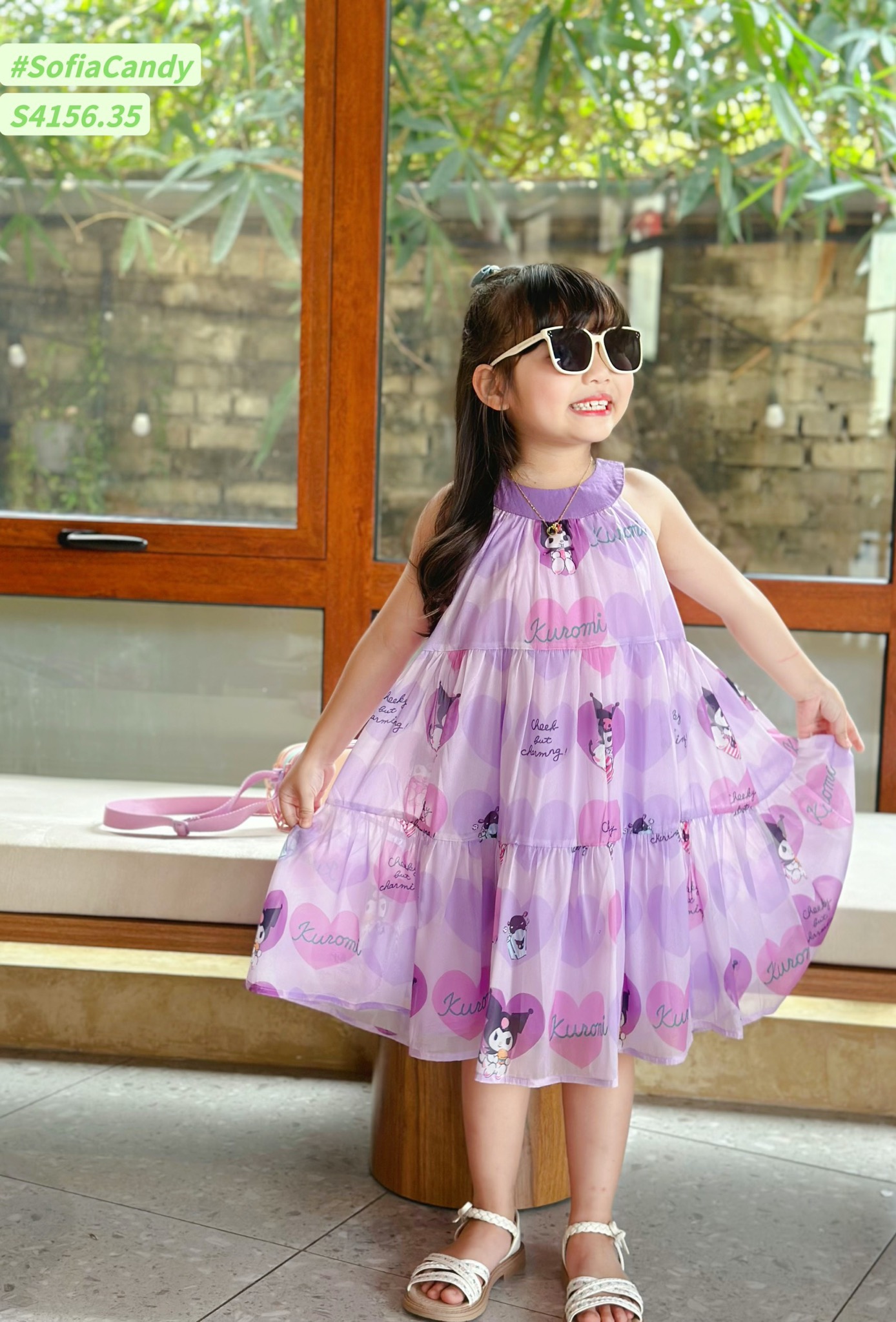 S4156 - Váy Sofia Candy vải tơ kuromi 2 màu hồng/tím in tràn cổ yếm size 1-10y