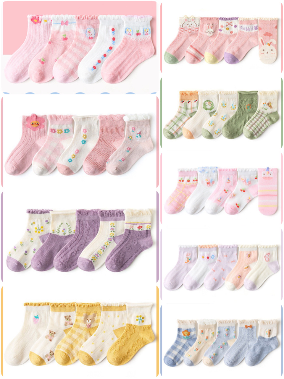 Set 5 tất lưới Kids Socks bèo cổ 9 màu Bé Gái