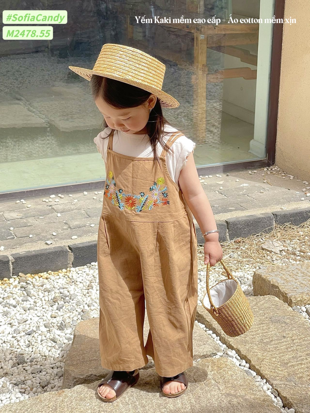 Set Mia Kids yếm thô nâu thêu hoa ngực phối áo cotton trắng size 1 - 10y