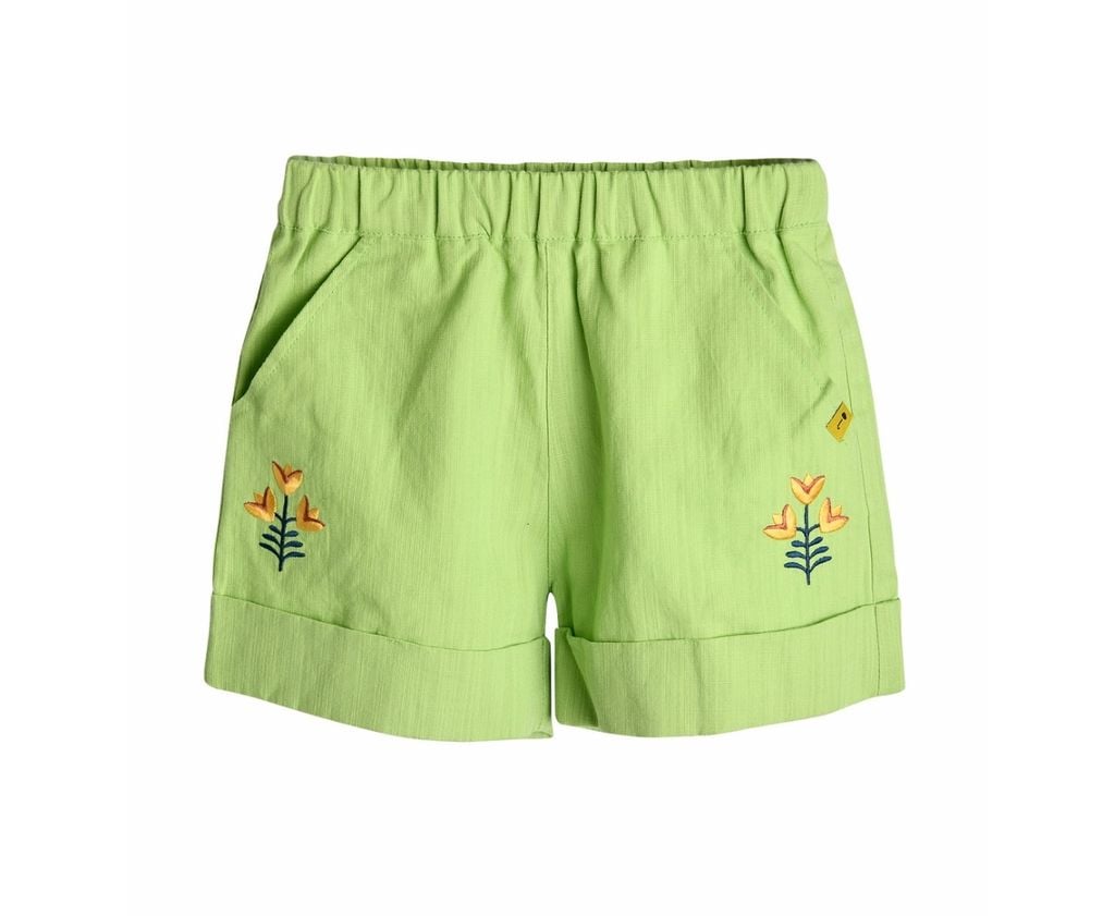 Quần short Moimoln xuất Hàn dư xịn màu xanh lá thêu hoa bé gái size 90-110