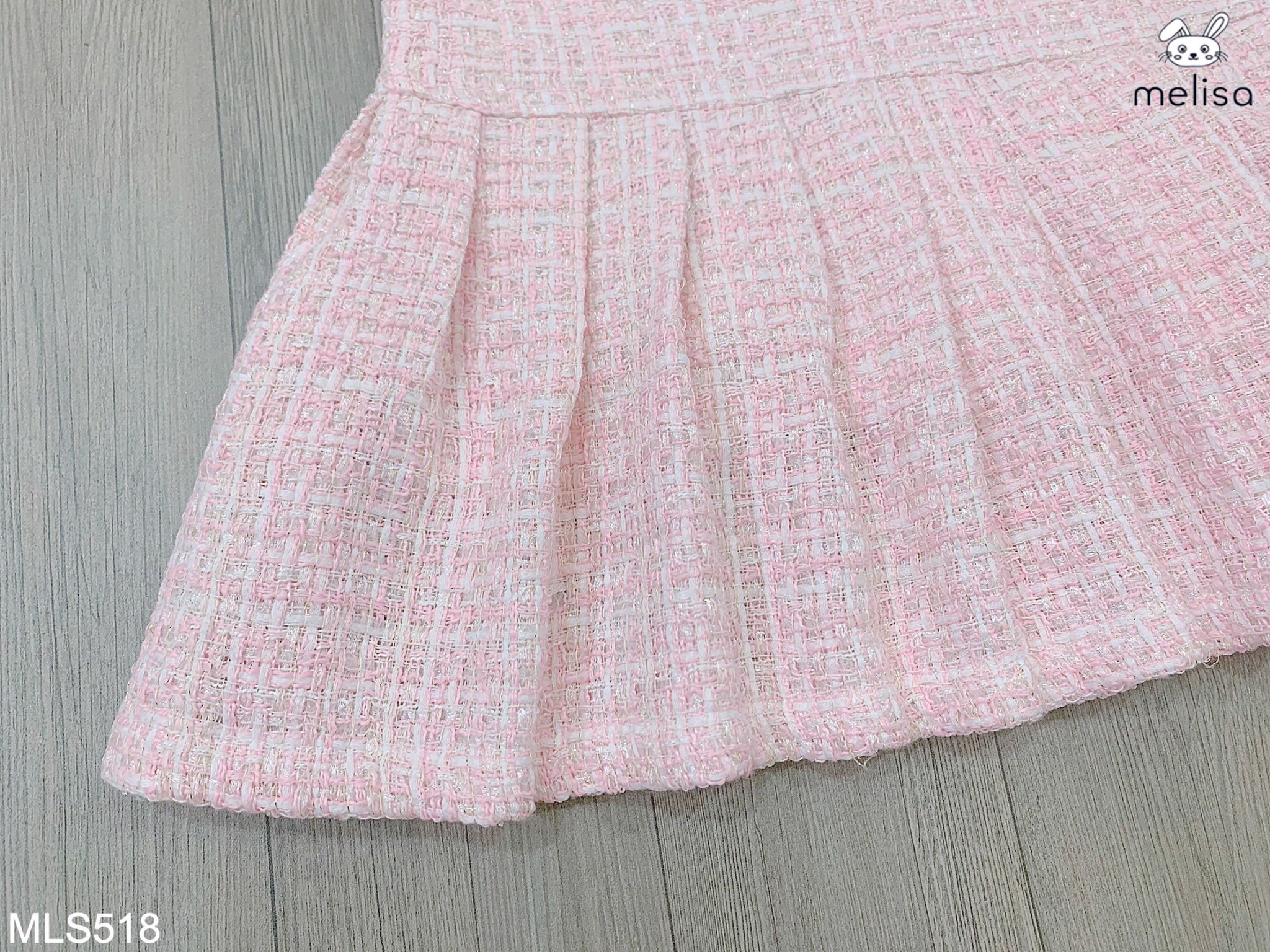 Váy dạ tweed Melisa màu hồng phối tay trắng đính nơ cổ size 12m - 10y