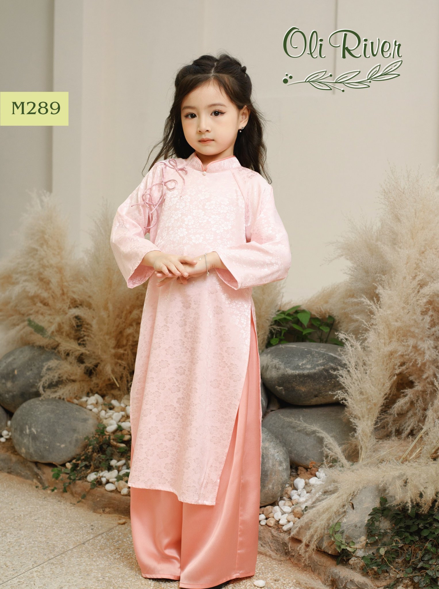 Áo dài lụa Oli River vân hoa chìm 4 màu size 2 - 11y