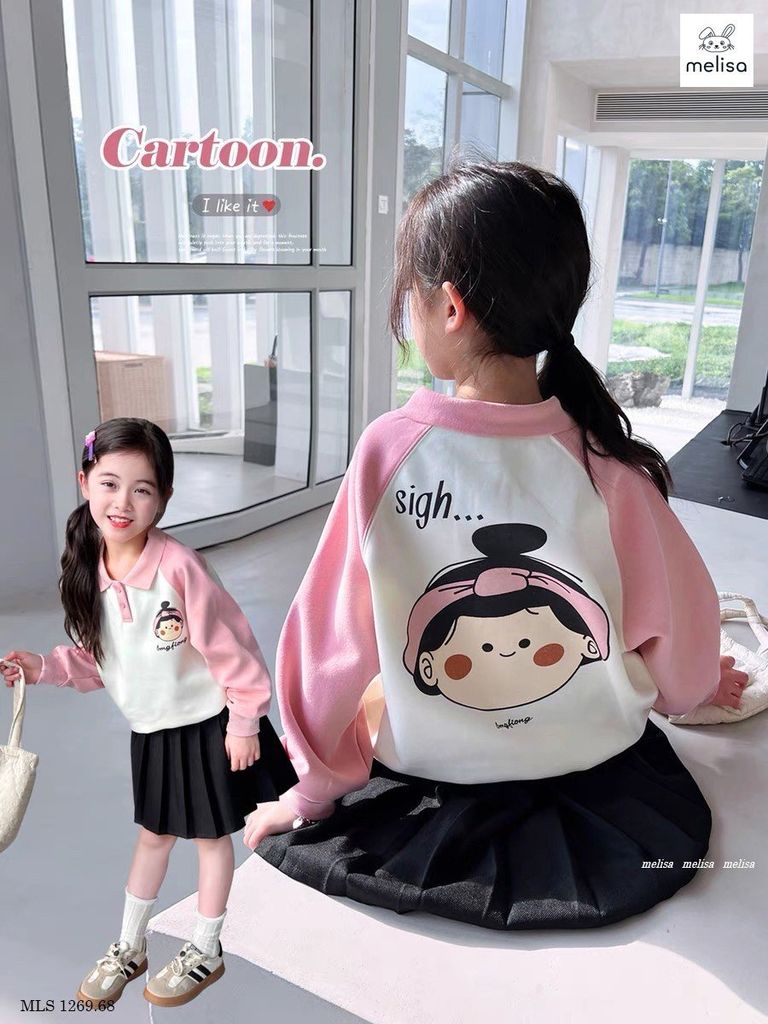 Set Melisa áo trắng phối hồng in hình bé gái - chân váy xếp li đen size 2 - 12y