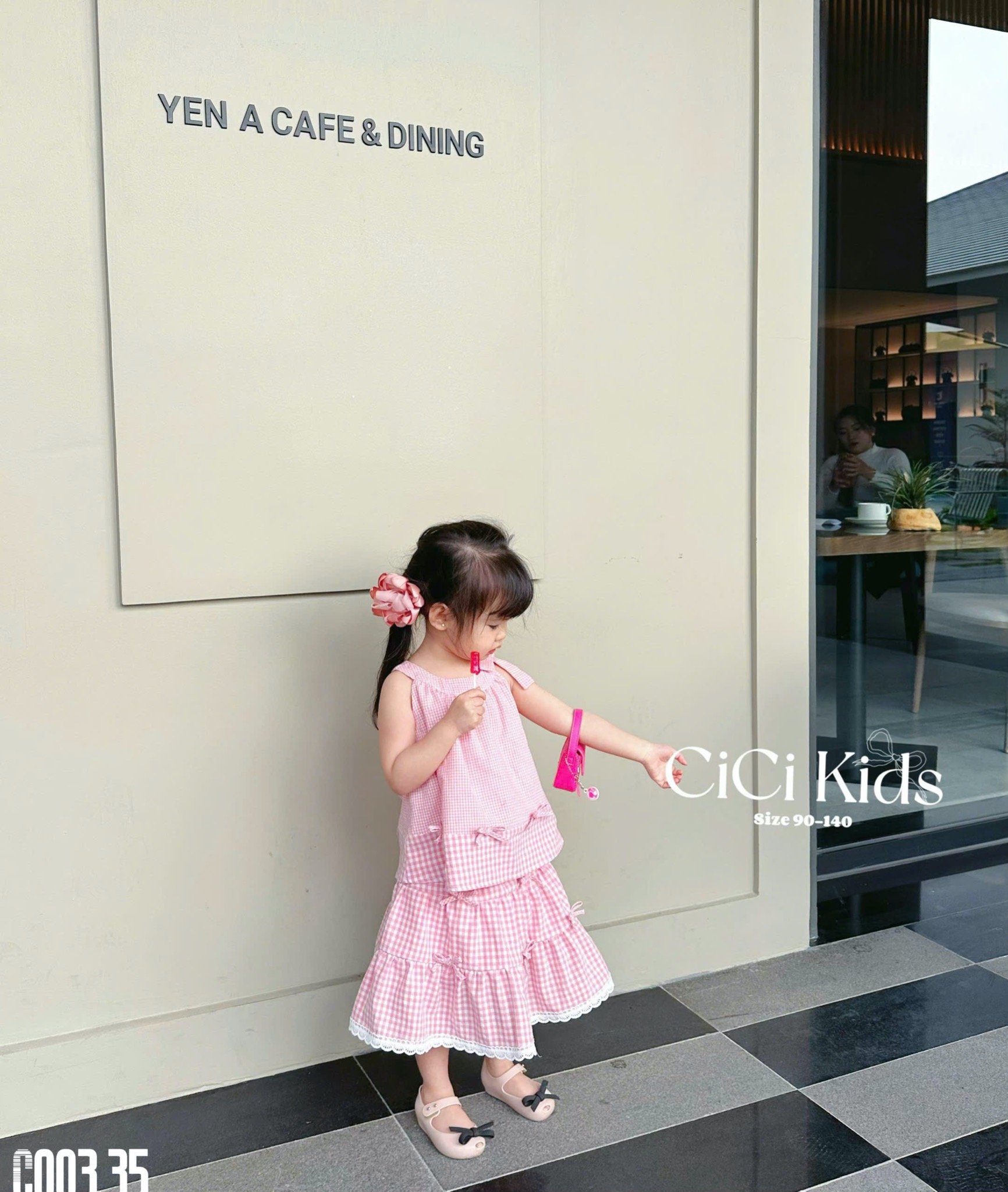 C003 - Set áo + chân váy Cicikids kẻ đính nơ 2 màu hồng/nâu bé gái size 90-140