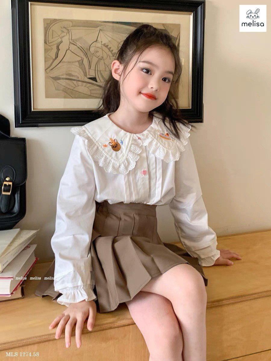Set Melisa áo sơ mi trắng thêu cổ - chân váy xếp li liền quần nâu size 2 - 12y