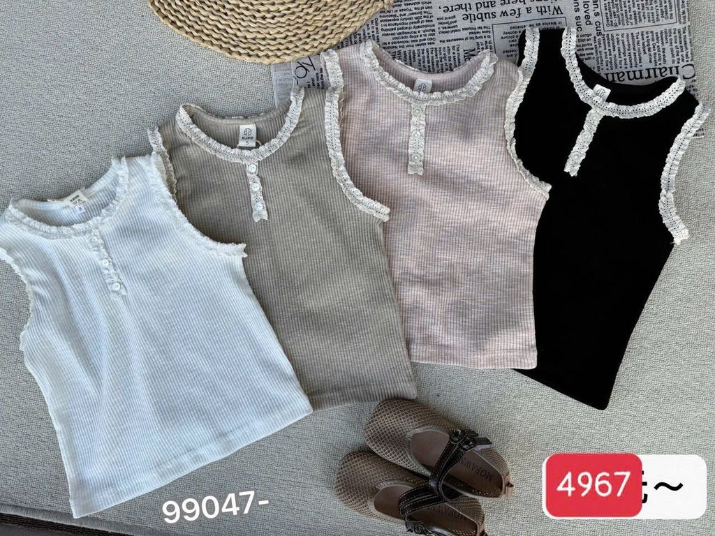 99047 - Áo sát nách thun tăm phối ren 4 màu bé gái size 100-140