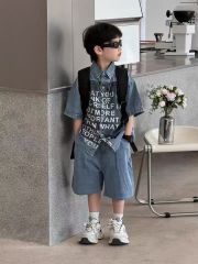 2703 - Bộ jean mềm QC áo sơ mi in chữ 2 màu ghi đen / xanh size 120 - 160