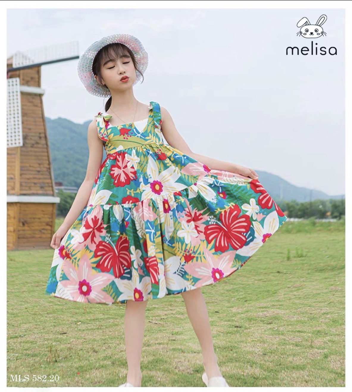 Váy thô hai dây nơ vai Melisa hoa sắc màu size 2 - 11y
