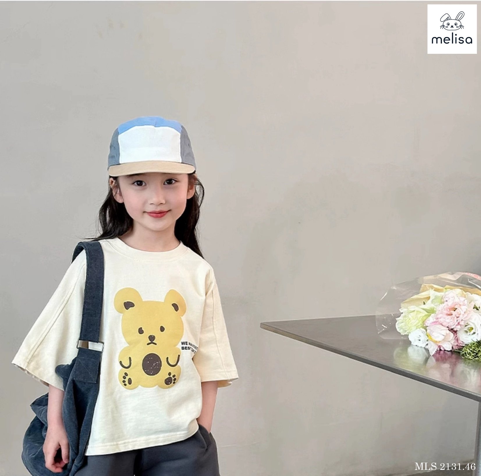 Set bộ Melisa áo kem hình gấu teddy + quần BG size 2-12y