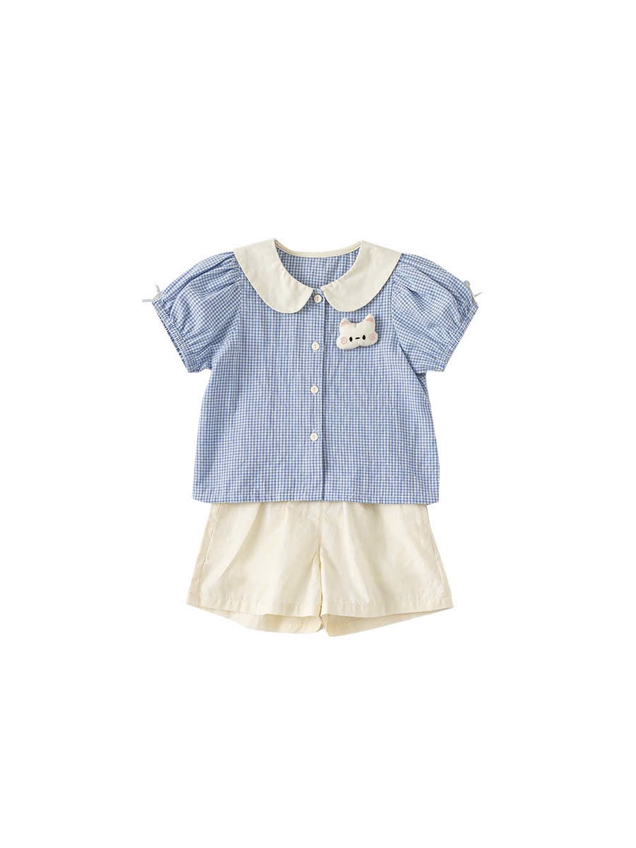 Bộ M.bang hoạ tiết kẻ caro hình mèo 2 màu hồng/xanh bé gái size 90-140