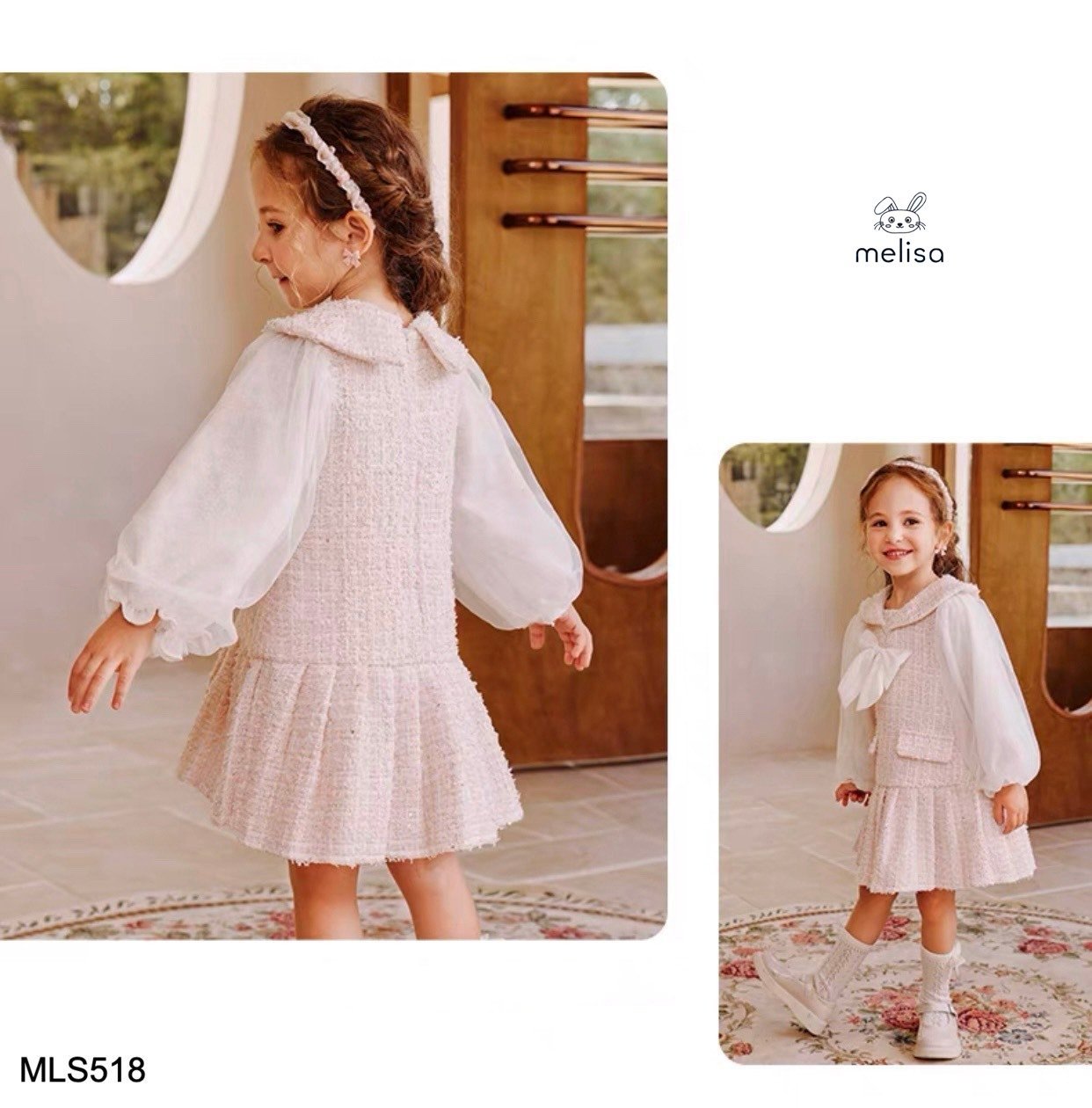 Váy dạ tweed Melisa màu hồng phối tay trắng đính nơ cổ size 12m - 10y
