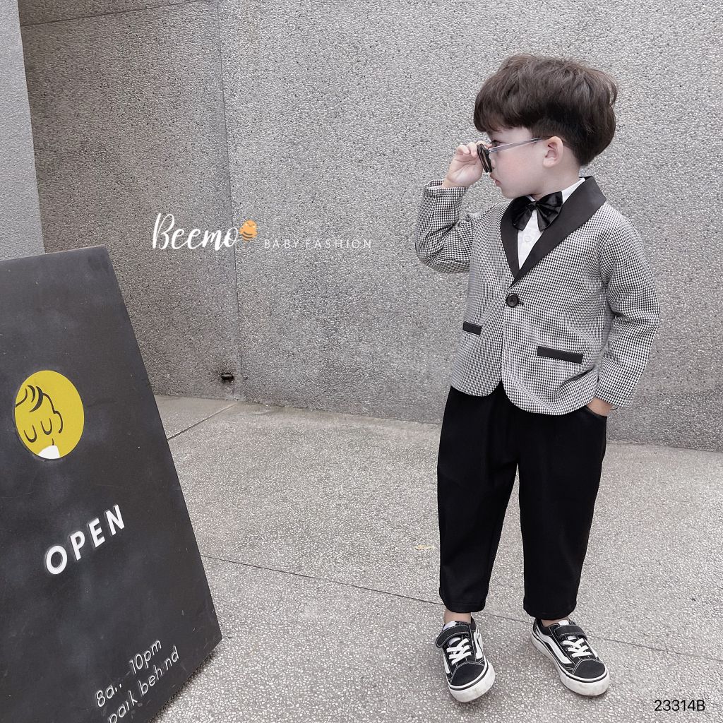 Set 5 chi tiết Beemo áo Vest kẻ đen + Gile đen + áo sơ mi + quần + nơ size 80 - 130