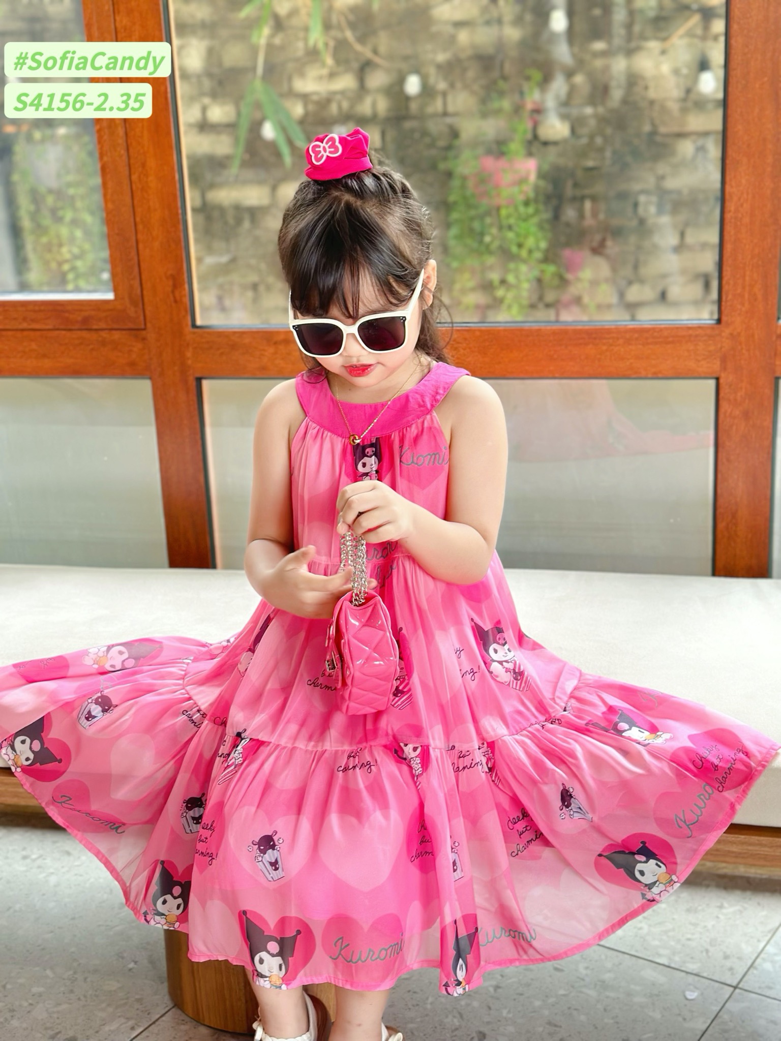 S4156 - Váy Sofia Candy vải tơ kuromi 2 màu hồng/tím in tràn cổ yếm size 1-10y