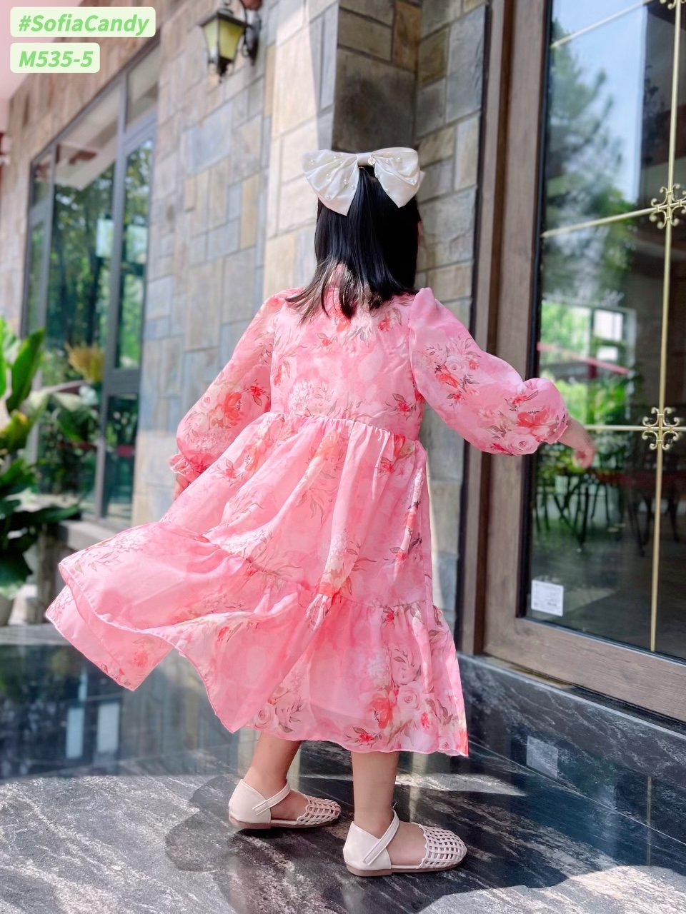 Váy voan tơ dài tay buộc nơ cổ 10 màu hoa