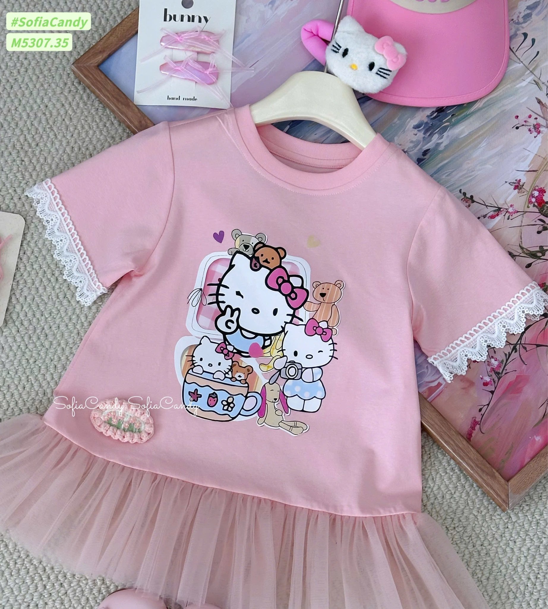 M5307 - Váy cotton Mia Kids hồng Hello Kitty chân váy phối voan size 1-10y
