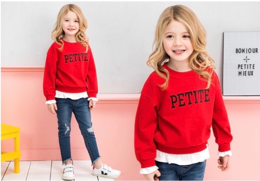 Áo nỉ Petite 4 màu phối gấu tay trắng size 105 - 140