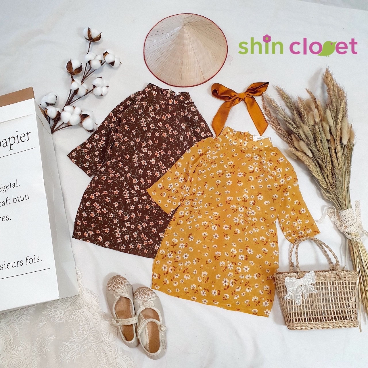 [1-5y] Áo dài Shin Closet bé gái - lụa hoa vàng