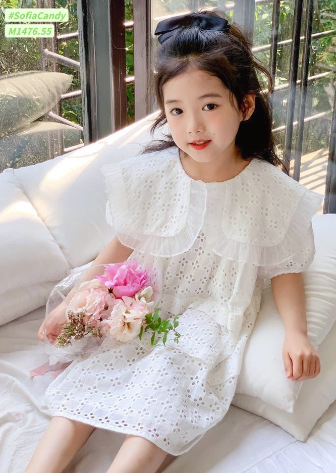 M1476 - Váy Mia Kids tiểu thư thêu trắng phối cổ vuông size 1-10y