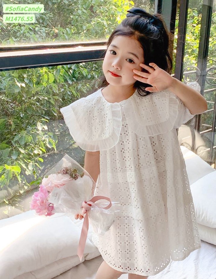 M1476 - Váy Mia Kids tiểu thư thêu trắng phối cổ vuông size 1-10y