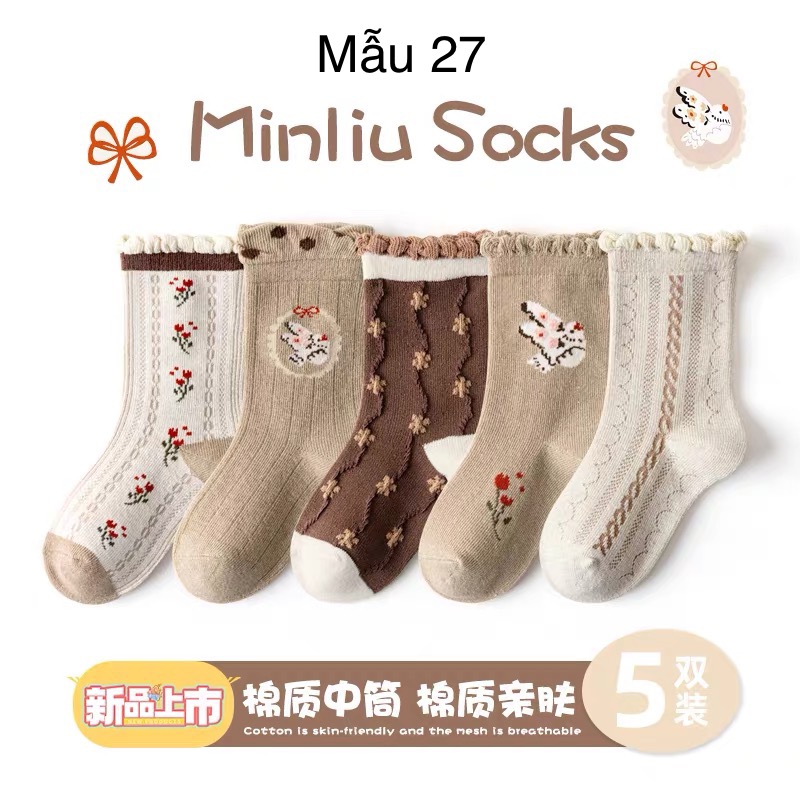 Set 5 tất Minliu Kids Socks nhiều hình Bé Gái size 2 - 12y