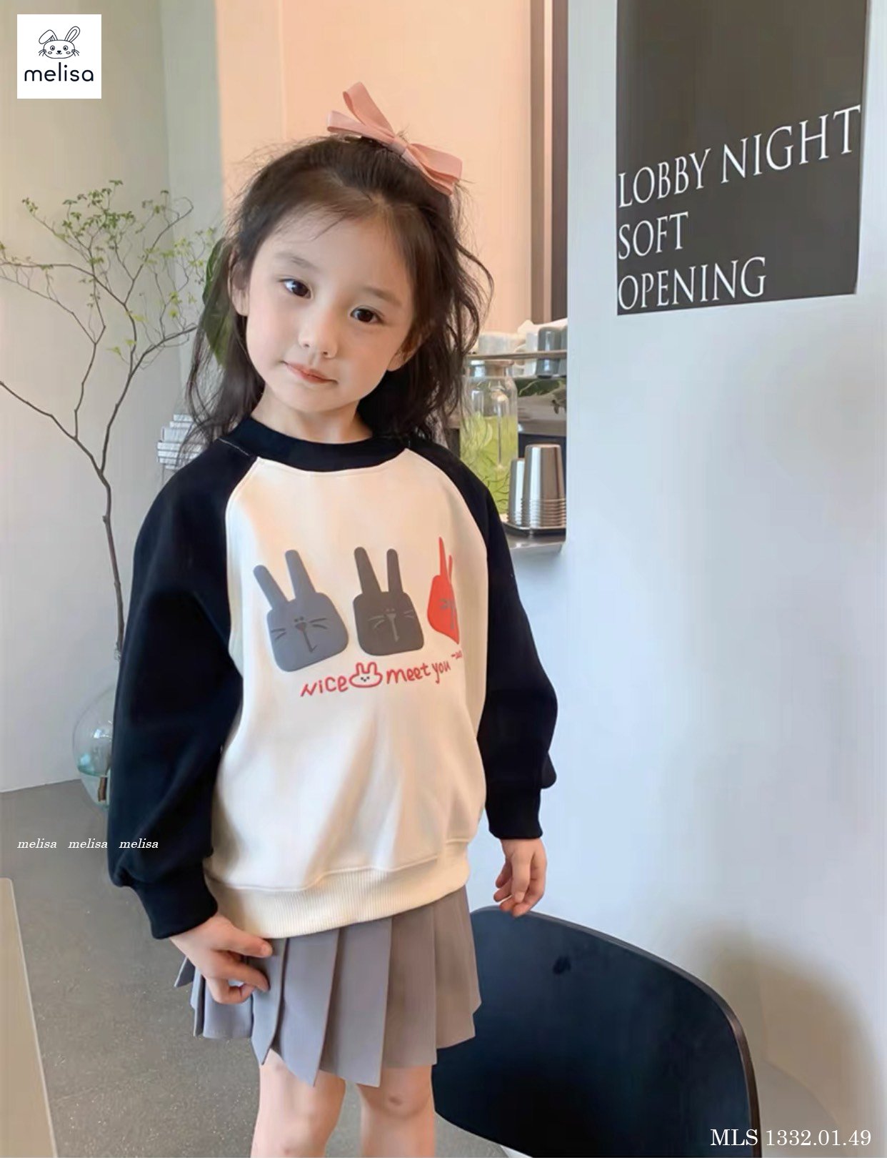 Set nỉ Melisa hình thỏ Nice Meet You - chân váy xếp li 2 màu size 2 - 12y