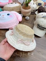 Mũ cói viền bèo đính nơ hồng bé gái size 4-8y