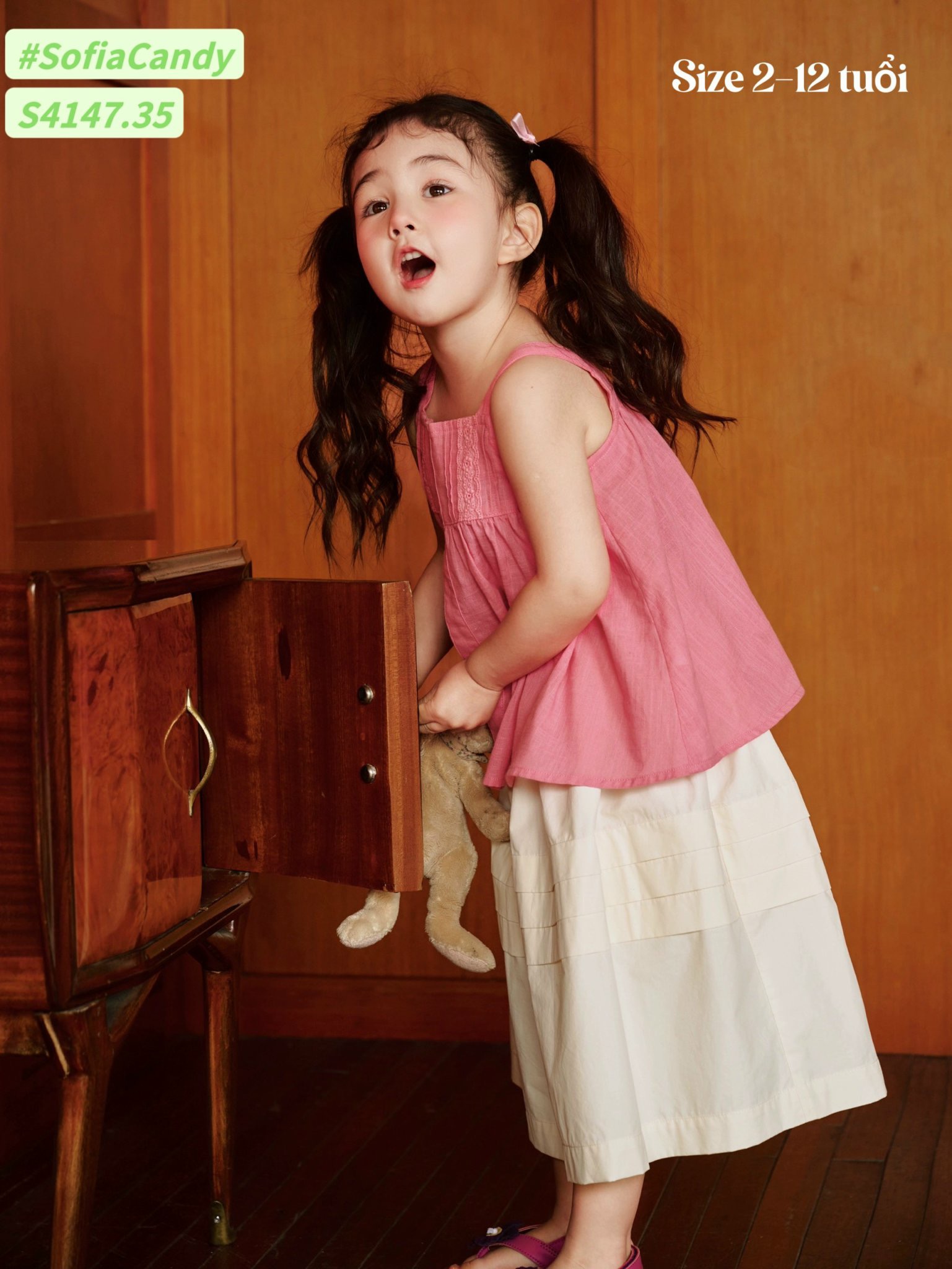 S4147 - Set bộ Sofia Candy vải thô áo 2 dây hồng phối chân váy trắng size 2-12y