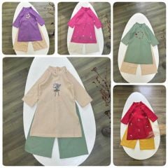 Áo dài linen Harifa thêu hoa ngực 5 màu Bé gái size 1 - 6y