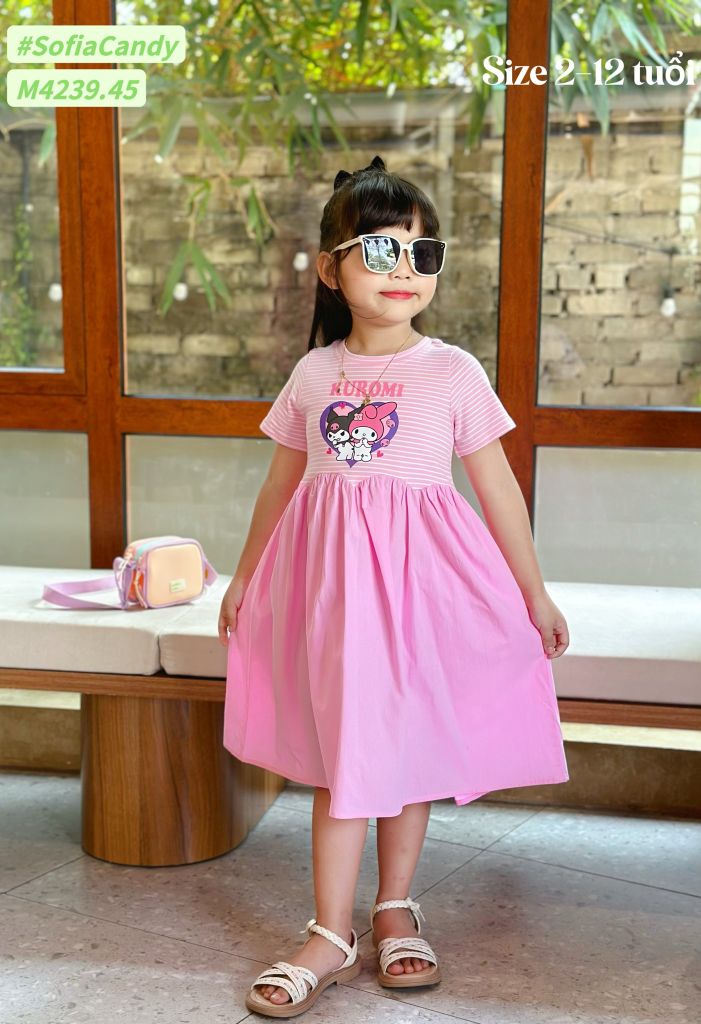 M4239 - Váy Mia Kids Kuromi Melody kẻ hồng chân váy hồng size 2-12y