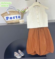 S4206 - Set bộ Sofia Candy áo thô trắng be phối quần nâu tây BG size 1-10y