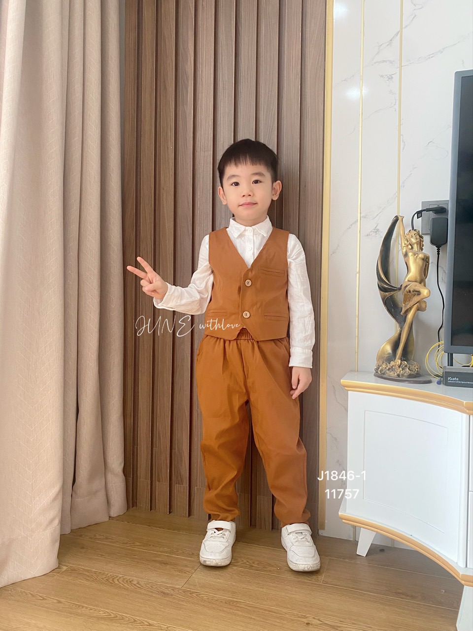 Set 4ct sơ mi + nơ + gile + quần June 3 màu 1-7y BT