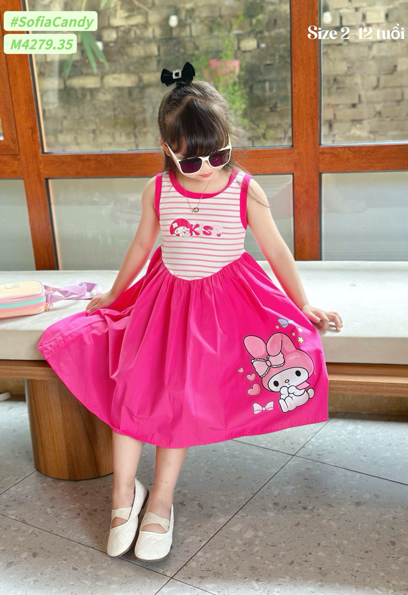 M4279 - Váy cotton Mia Kids kẻ thỏ hồng Melody size 2-12y