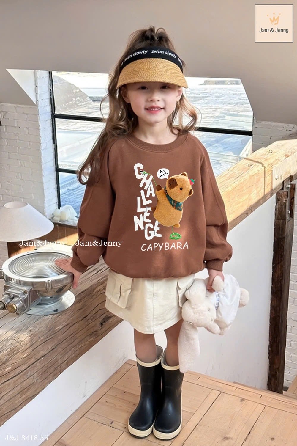 JJ 3418 - Bộ nỉ Jam & Jenny Capy Bara áo nâu + chân váy túi hộp bé gái size 2-12y
