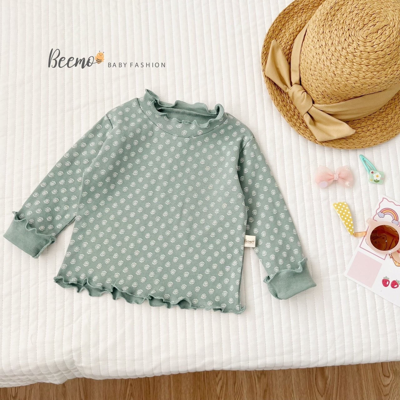 Áo cotton dài tay Beemo cổ 3p viền bèo hoa nhí 4 màu BG