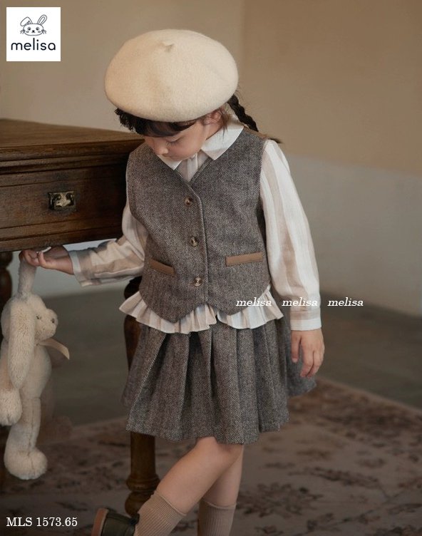 Set dạ Melisa 2 chi tiết màu ghi áo gile + chân váy xếp li size 2 - 12y (ko kèm sơ mi)