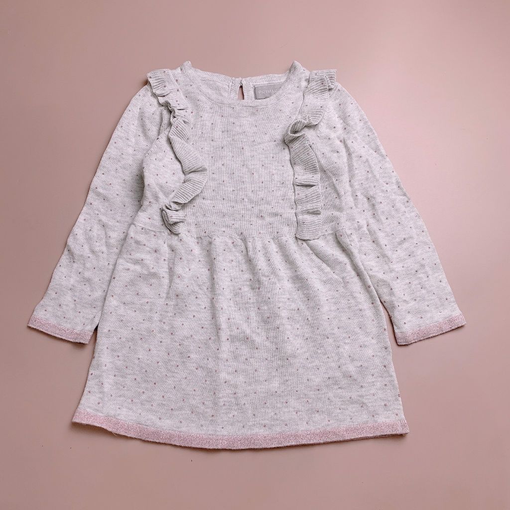 Váy len Primark màu ghi chấm nhũ hồng bèo 2 bên ngực