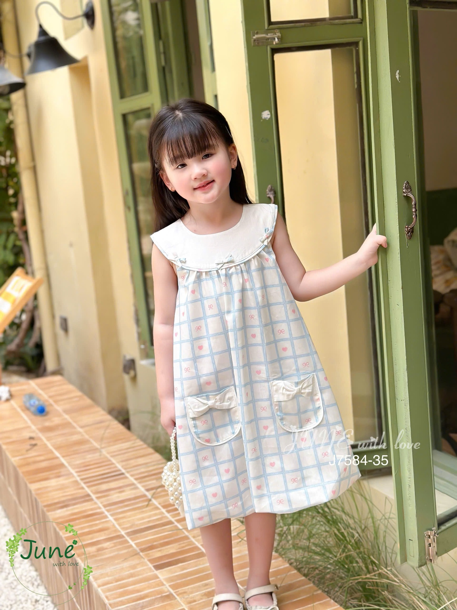 J7584 - Váy June with love kẻ caro trắng xanh nơ hồng bé gái size 2-12y