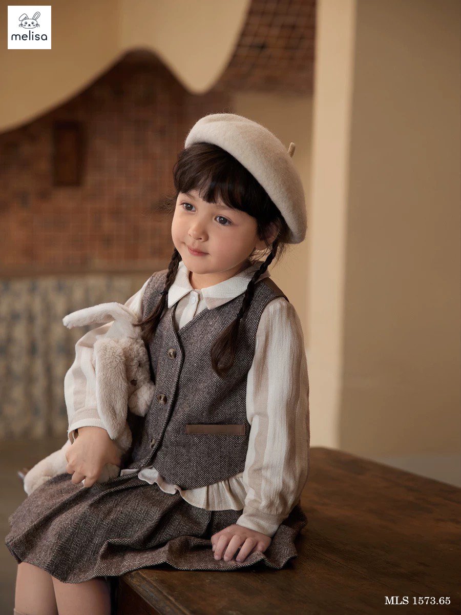 Set dạ Melisa 2 chi tiết màu ghi áo gile + chân váy xếp li size 2 - 12y (ko kèm sơ mi)