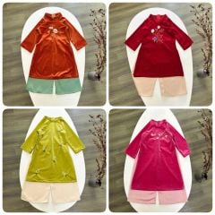 Áo dài nhung Harifa thêu hoa ngực 4 màu BG size 1 - 6y