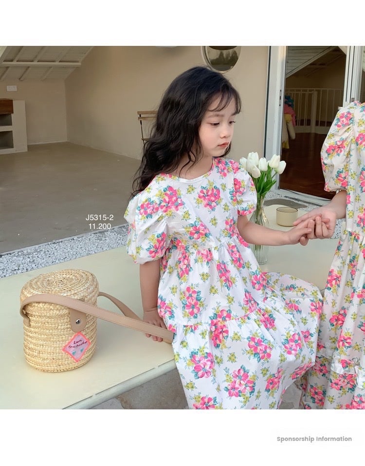 Váy thô June xếp tầng tay bồng 2 màu hoa size 1 - 10y