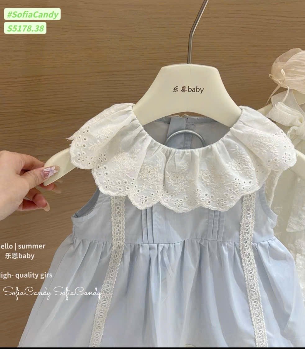 S5178 - Váy thô xanh Sofia Candy phối cổ ren trắng thêu bé gái size 1-10y