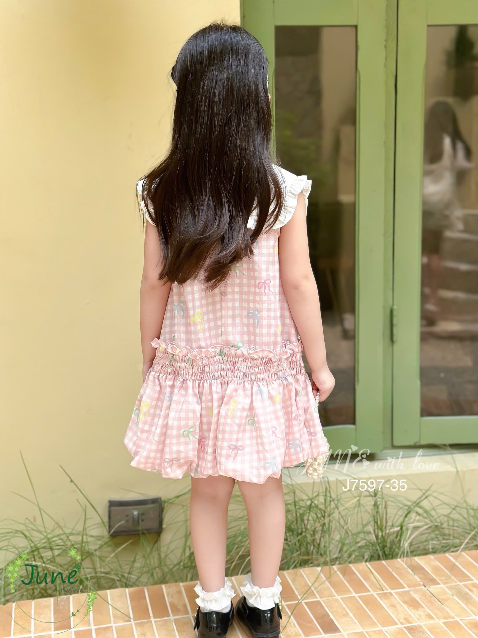 J7597 - Váy June with love kẻ caro nơ hồng cổ sen trắng bé gái size 2-12y