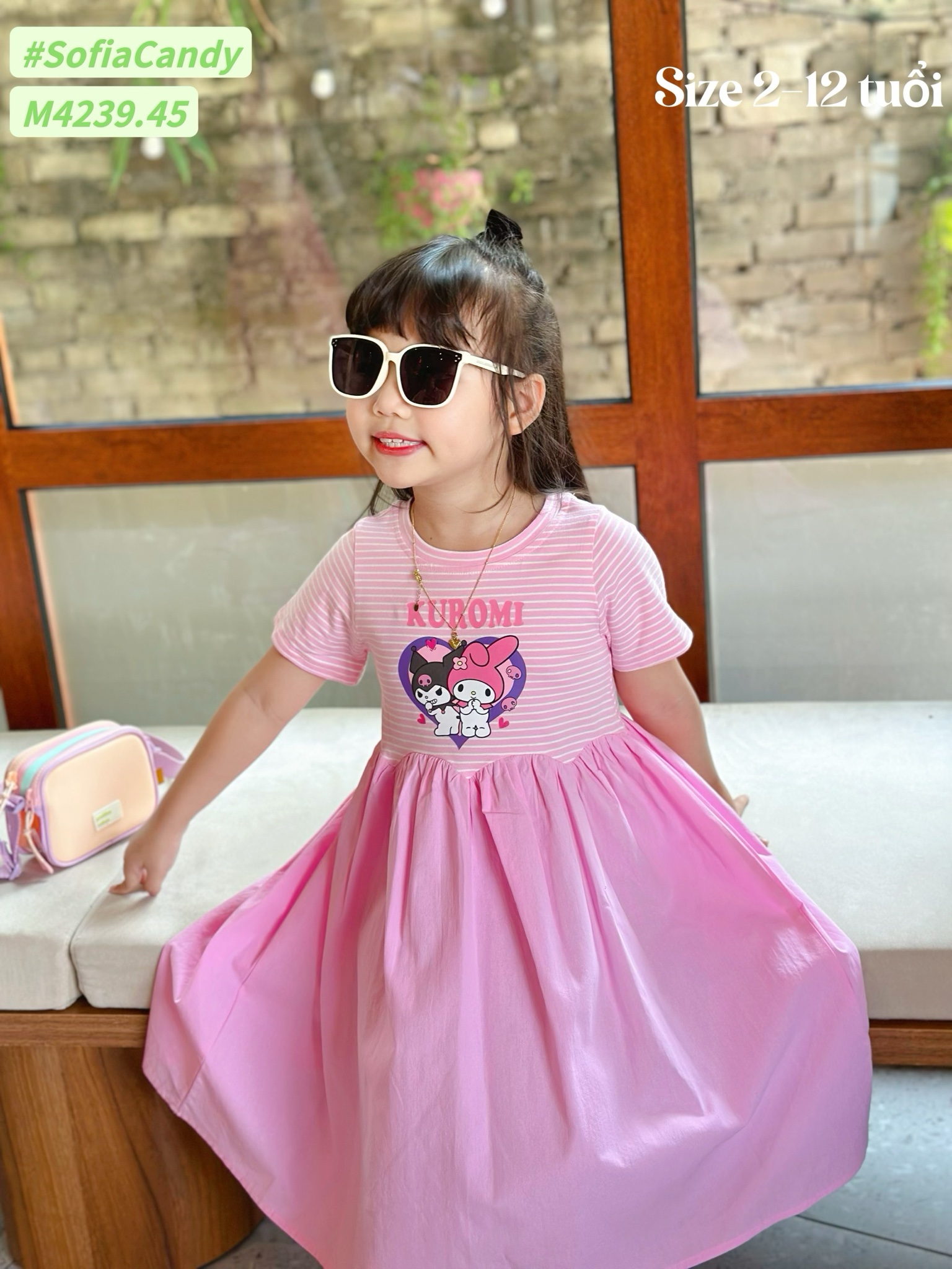 M4239 - Váy Mia Kids Kuromi Melody kẻ hồng chân váy hồng size 2-12y