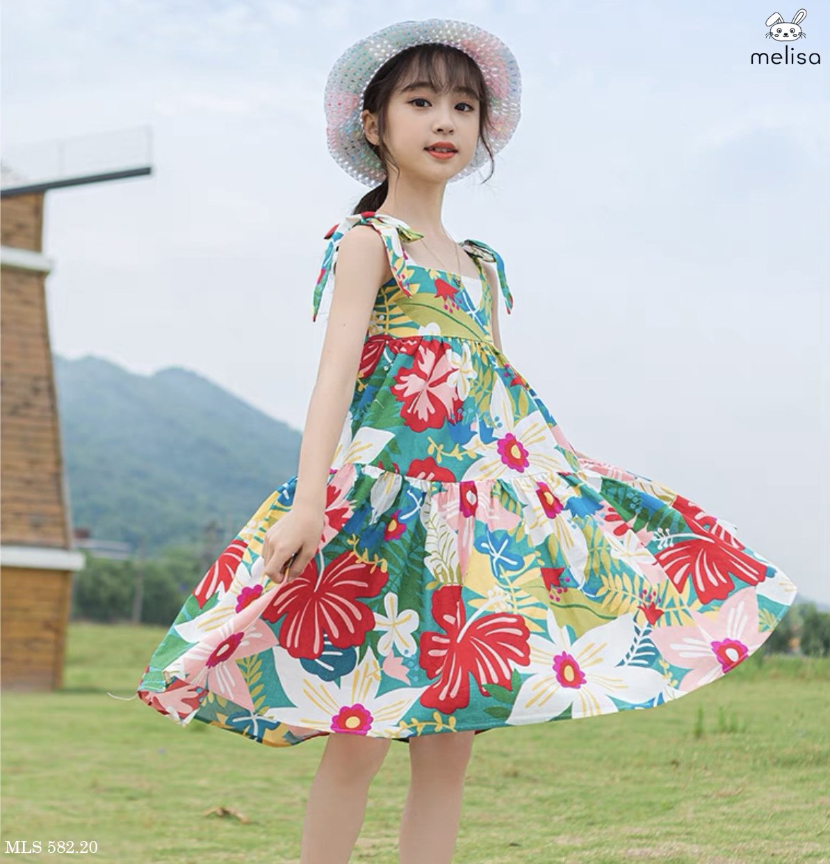 Váy thô hai dây nơ vai Melisa hoa sắc màu size 2 - 11y