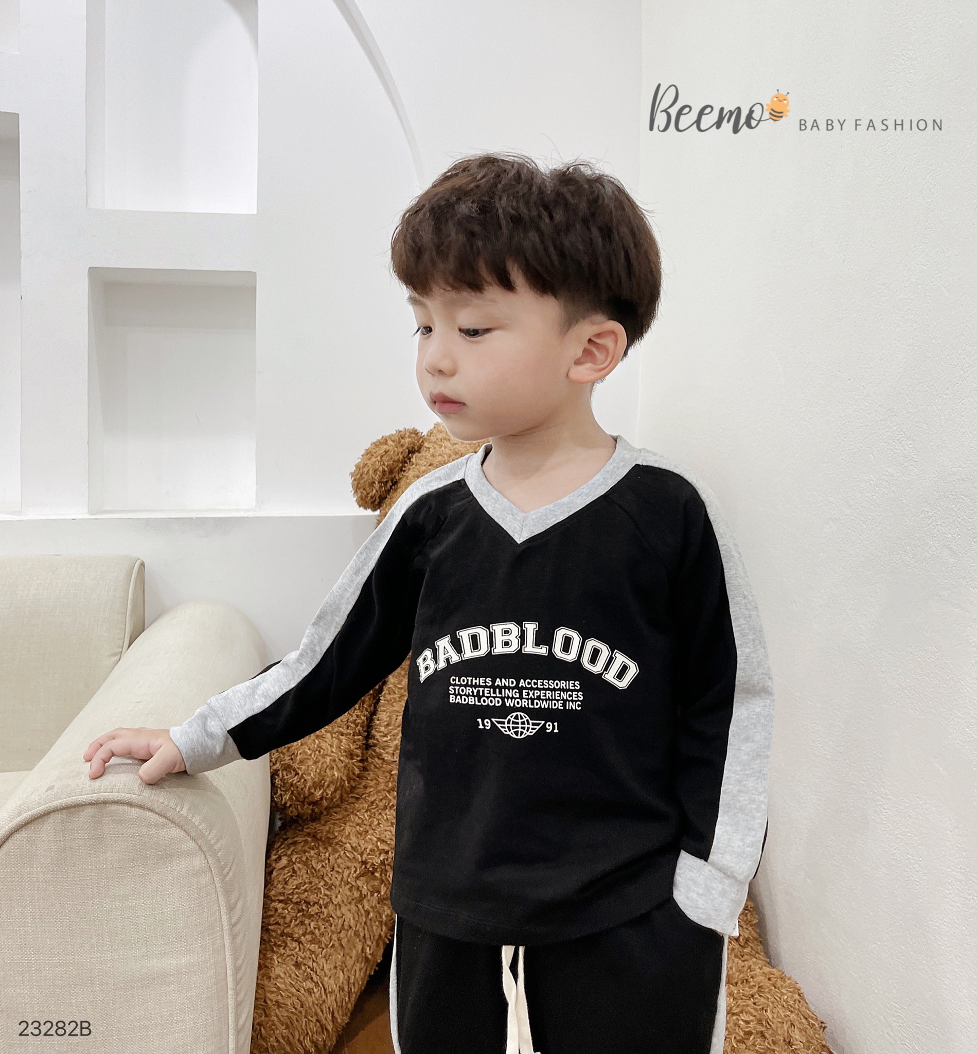 Bộ cotton Beemo cổ tim BADBLOOD 2 màu đen / ghi size 80 - 130