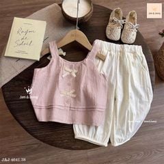 JJ 4641 - Bộ thô áo sát nách hồng đính nơ - quần dài màu kem bo gấu size 2 - 12y