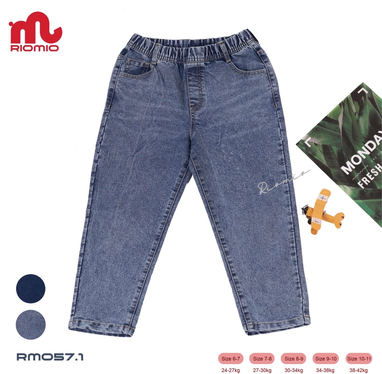 Quần jean mềm Riomio dáng baggy bé trai trơn 2 màu đậm / nhạt